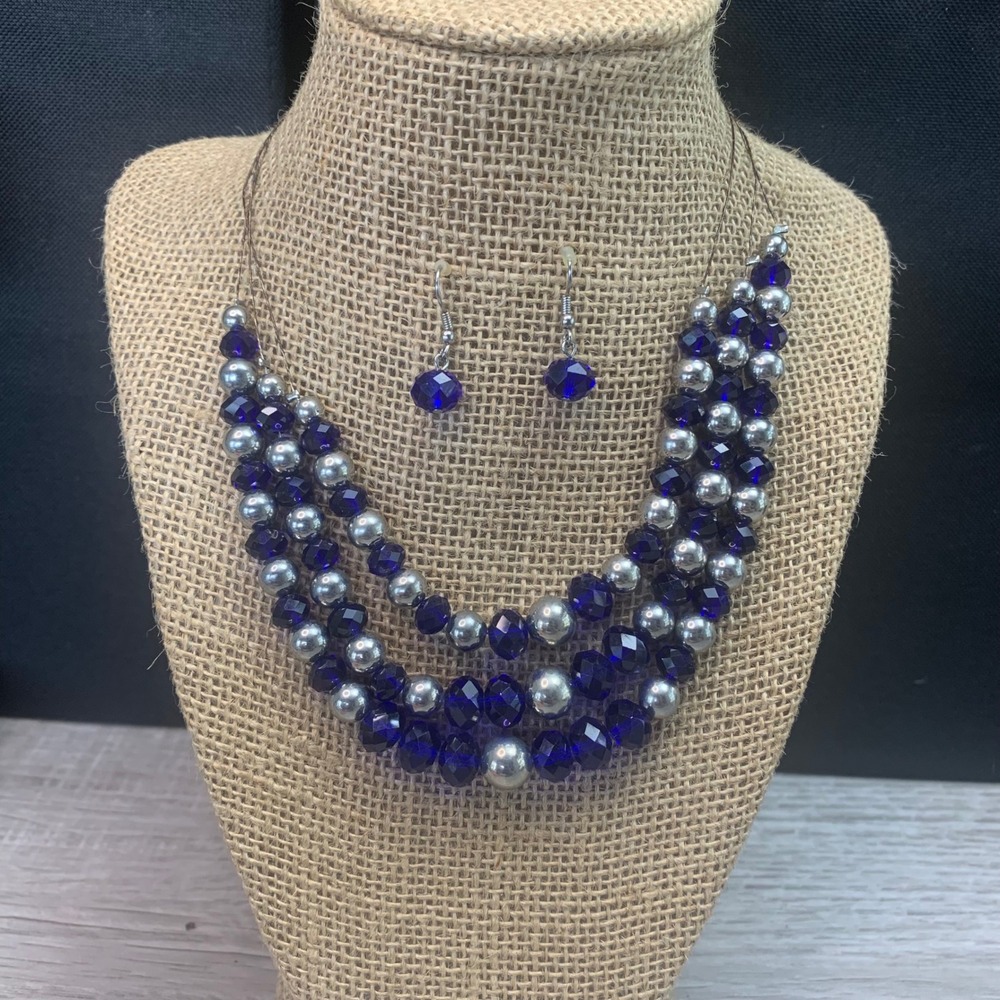 Blue Silver Multi Strand Bib Necklace Matching Drop Earring Set 16 Inch 5522